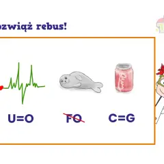 Jak zrobić rebus? Serce z EKG, foka i puszka napoju. U=O, FQ przekreślone, C=G.