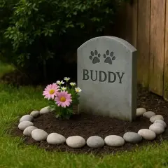 Une tombe pour chien dans un jardin, avec des fleurs et des galets. Peut-on enterrer son chien dans son jardin ? Ce mémorial pour Buddy suggère une réponse affectueuse.
