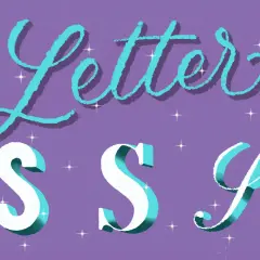 Letter S, S, S. Tres letras S en blanco y turquesa con sombras, sobre fondo morado con estrellas brillantes.