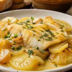 Merluza al horno jugosa con patatas panadera y cebolla caramelizada, espolvoreada con perejil fresco.
