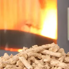Un tas de granulés de bois attend patiemment devant un poêle à granule en feu. La chaleur réconfortante du feu promet une ambiance chaleureuse.