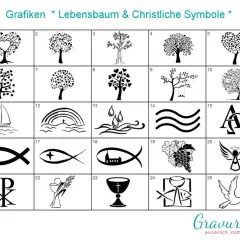 Grafiken: Lebensbäume und christliche Symbole wie Fische, Taube, Kreuz, Alpha und Omega.