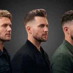 Trois hommes présentent des coupes de cheveux modernes avec un court barbe homme dégradé, allant du blond ondulé au brun texturé.