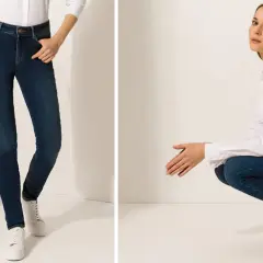 Zwei Frauen in Jeans und weißen Hemden, eine stehend, die andere hockend.