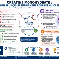 La créatine monohydrate soutient la force musculaire, la cognition et l'énergie cellulaire, avec des preuves solides.