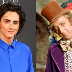 Timothée Chalamet jako Willy Wonka w "Charlie i fabryka czekolady 2023" obok Gene'a Wildera.