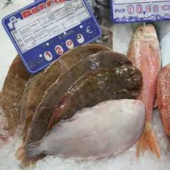 Pescado fresco en hielo: lenguados, salmonetes y otros peces. El cartel indica "acedia pescado" y su precio por kilo.