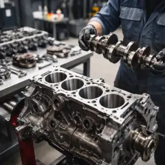 Mechanik w czarnych rękawiczkach trzyma wałek rozrządu nad blokiem silnika. Zastanawiasz się, ile trwa remont silnika?