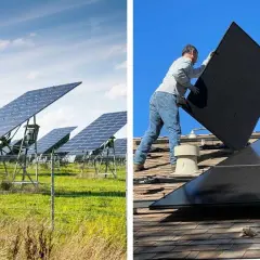 Panele fotowoltaiczne w ogrodzie i na dachu domu. Montaż paneli słonecznych to krok ku zielonej energii.