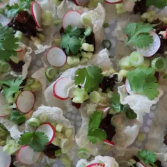 Små, krispiga skålar med friterade risnudlar fyllda med grönsaker, rädisor och koriander. En läcker och fräsch förrätt.