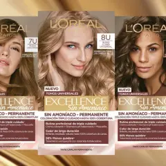 Seis tonos de tinte L'Oréal Excellence Sin Amoniaco, que prometen cuidado y cobertura, pero recuerda que el tinte sin amoniaco daña el pelo.