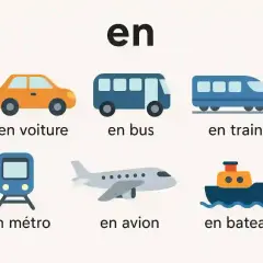 Ilustracja pokazuje różne środki transportu: **samochód po francusku** (en voiture), autobus, pociąg, metro, samolot i łódź.