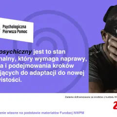 Mężczyzna z zasłoniętymi oczami symbolizuje kryzys psychiczny. Tekst podkreśla znaczenie wsparcia i działań na rzecz zdrowia psychicznego.