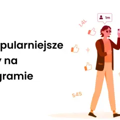 Ilustracja przedstawia osobę z telefonem, otoczoną ikonami polubień i komentarzy, z tekstem "Najpopularniejsze skróty na Instagramie". To przewodnik po świecie social media skrótów.