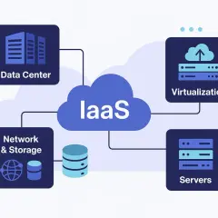 Diagramme illustrant l'IaaS : centre de données, réseau, stockage, virtualisation et serveurs. Un serveur internet est au cœur de ce système.