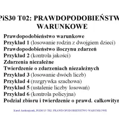 Slajd z wykładu o prawdopodobieństwie warunkowym, zawierający spis treści z przykładami, np. losowanie rodzin z dziećmi.