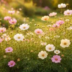 Ein Feld voller zarter, **cosmea winterhart** blühender Blumen in Rosa, Weiß und Gelb im warmen Abendlicht.