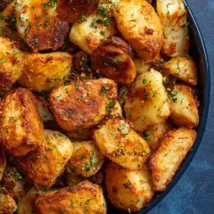 En skål med gyllene, krispiga potatis i ugn, strödda med färsk persilja. Perfekt som tillbehör till middagen.