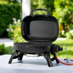 Barbecue à gaz portable, ouvert, avec couvercle, prêt pour de délicieuses recettes barbecue gaz avec couvercle dans un jardin ensoleillé.