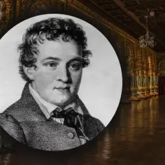 Portret młodego mężczyzny, który może być Kasparem Hauserem, na tle bogato zdobionego wnętrza pałacowego. Zagadka Kaspara Hausera wciąż fascynuje.