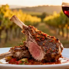 Un délicieux carré d'agneau rôti, servi avec une sauce savoureuse et un verre de vin rouge, le tout dans un vignoble baigné de soleil.