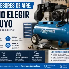 Guía para elegir tu compresor de aire: conoce la presión, caudal, potencia y calderín. Aprende cómo funciona un compresor de aire para uso doméstico, bricolaje o profesional.