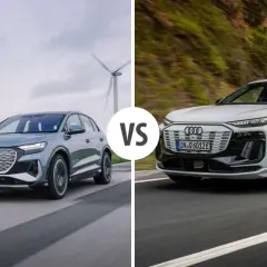 Dwa modele Audi e-tron: szary SUV na tle wiatraków i biały SUV na krętej drodze.