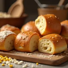 Petits pains dorés, certains saupoudrés de graines, d'autres de miettes fines. La mie aérée suggère une texture légère, peut-être grâce à l'amidon modifié.