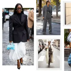 Estilos de moda con **layering**: trajes grises, blazers negros con faldas blancas, abrigos largos y chaquetas de cuero.
