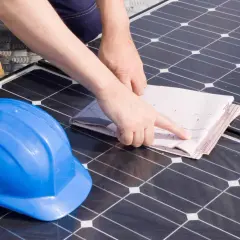 Ręce na panelach fotowoltaicznych analizują projekt. Błękitny kask i żółty but sugerują planowanie mocy paneli fotowoltaicznych.