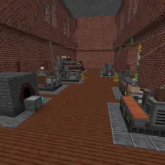Wnętrze fabryki z maszynami i piecami, tworzące systemy do **immersive engineering**.
