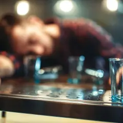Osoba śpi na barze, otoczona pustymi kieliszkami. To obraz trudnego trzeźwienia, nadzieja na lepsze jutro.