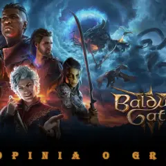 Postacie z Baldur's Gate 3 na Xbox, w tym elfka z rogami, wojownik i szalony mag, na tle smoków i mrocznych chmur.