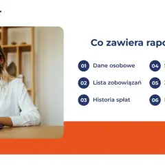Kobieta pracuje przy laptopie, a obok lista punktów: "Jak sprawdzić historię BIK", dane osobowe, scoring BIK, zapytania kredytowe.