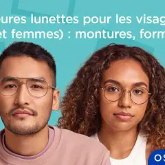 Un homme au visage carré et une femme aux cheveux bouclés portent des lunettes. Le texte indique "Les meilleures lunettes pour les visages carrés".