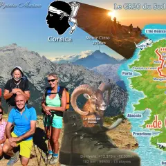 Groupe de randonneurs sur le GR20 en Corse, avec une carte de l'île et un mouflon. Le parcours légendaire du GR20 est bien visible.