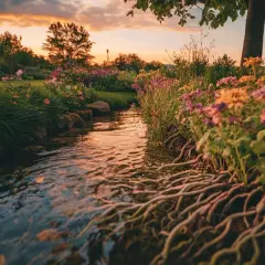 Un ruisseau paisible aux reflets orangés, bordé de fleurs et de racines. Une scène naturelle qui suggère comment oxygéner l'eau sans pompe.