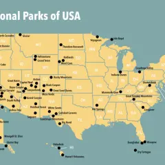 Karte der nationalparks USA mit Orten wie Yellowstone, Grand Canyon, Yosemite und Everglades.