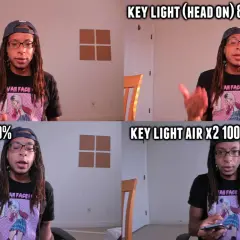 Four shots compare ring light vs panel light setups. A man with dreadlocks and glasses is shown in each, with different lighting conditions and percentages displayed.