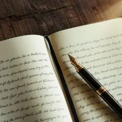 Otwarty notatnik z ręcznie pisanym tekstem, na którym leży pióro wieczne. Wiersz biały, pełen literackich inspiracji.