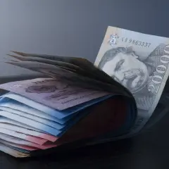 Stos banknotów, w tym 20 000 forintów, pokazuje, jaka waluta na Węgrzech jest w obiegu.