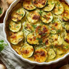 Ein goldbraun gebackener Zucchini-Auflauf mit Käse überbacken, garniert mit frischer Petersilie.
