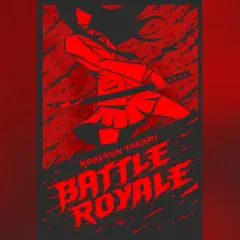 Czerwona grafika z dziewczyną w stroju szkolnym, trzymającą zakrwawiony miecz. Napis "BATTLE ROYALE" sugeruje brutalną walkę na śmierć i życie.