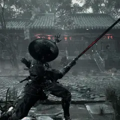 Dwóch wojowników w mrocznym otoczeniu, jeden z mieczem, drugi z ostrzem, w stylu Phantom Blade Zero.