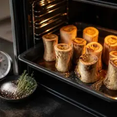Os à moelle dorés sur une plaque de cuisson dans un four, prêts à être dégustés. Un minuteur et un bol d'herbes et d'épices sont à proximité.