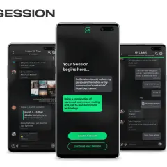Trzy telefony prezentujące aplikację komunikator Session. Widoczne ekrany czatów i ekran powitalny z informacją o prywatności.