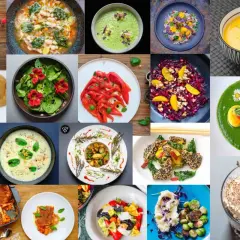 Vielfalt an vegetarischen Gerichten: bunte Salate, Suppen, Aufläufe und Desserts.