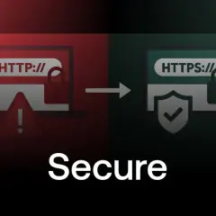 Transition d'un site HTTP non sécurisé vers HTTPS, symbolisant un audit sécurité web réussi. Icônes de cadenas, bouclier et alerte.