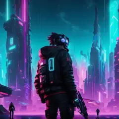 Cyberpunkowa noc w mieście 1080p. Postać w futurystycznym stroju z bronią stoi na tle neonowych drapaczy chmur.