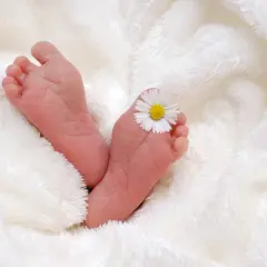 Piccoli piedini di neonato avvolti in una coperta soffice, con un fiorellino che ricorda il riflesso di Babinski.